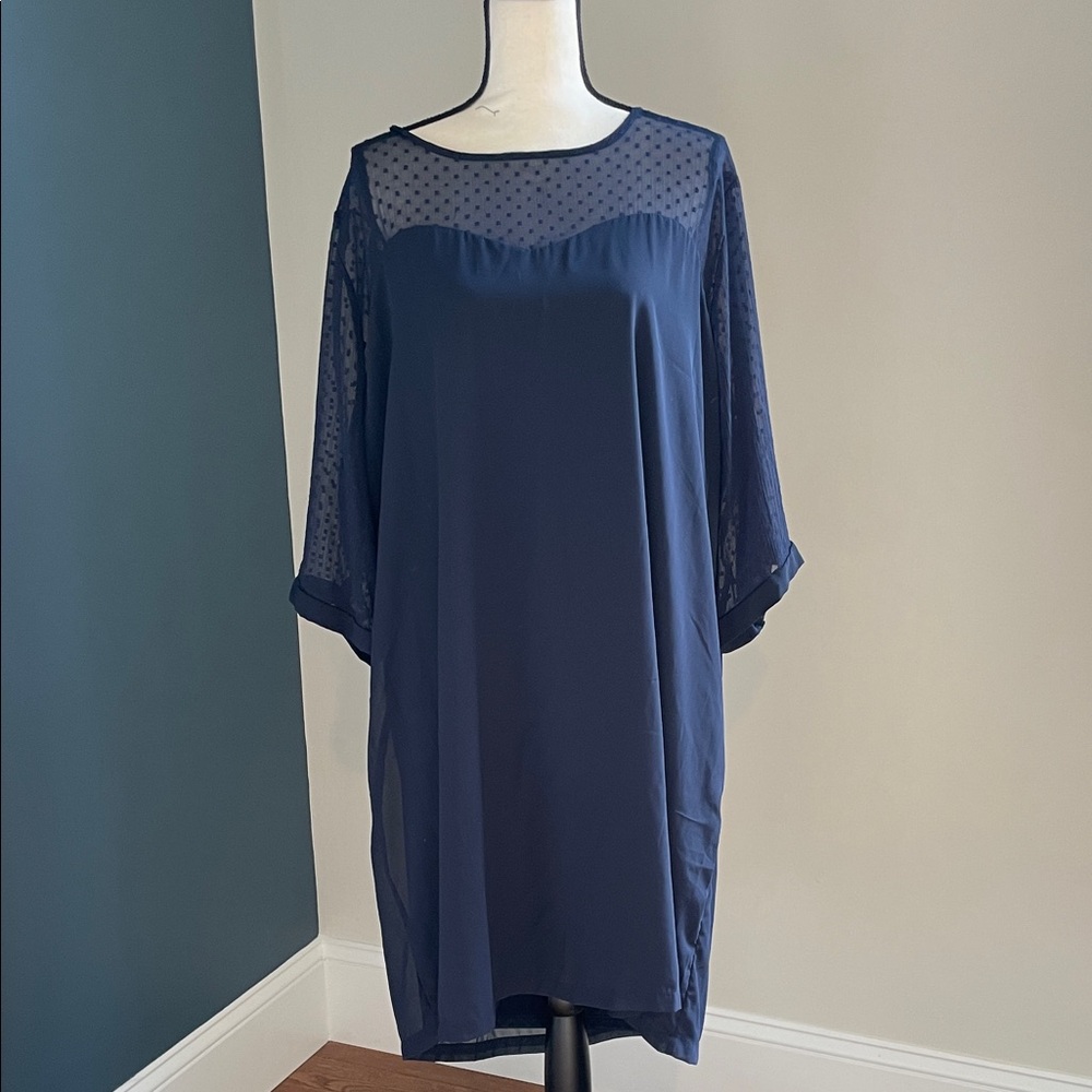 Junarose Navy Dress with Sheer Polka Dot Sleeves